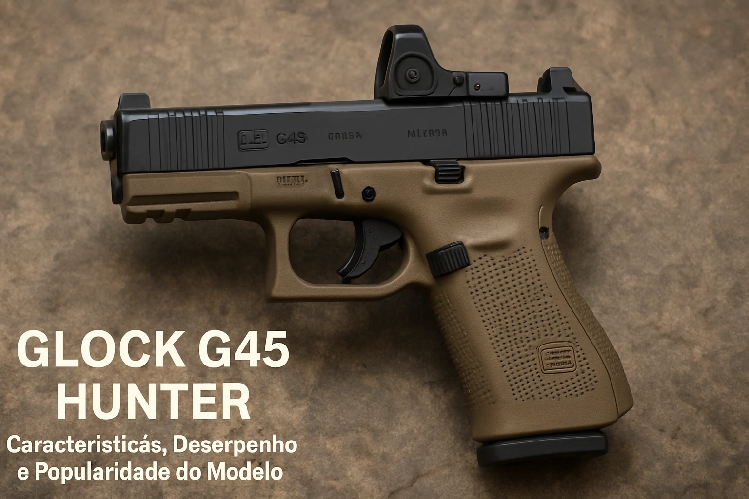 Pistola Glock G45 Hunter em superfície rústica exibindo detalhes do modelo